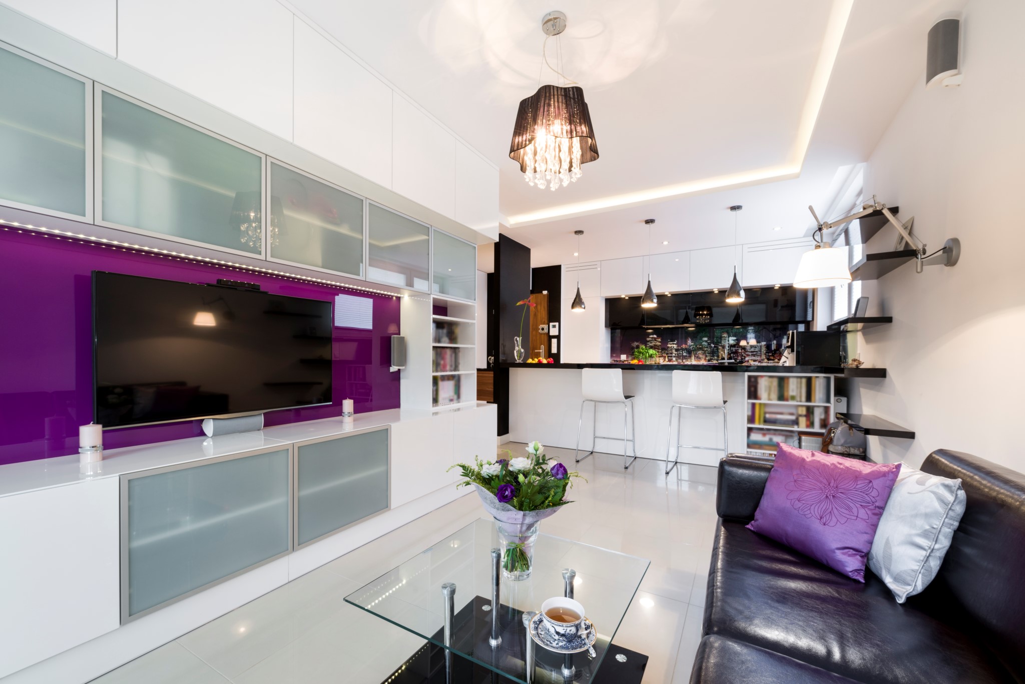 Modern living room with open kitchen